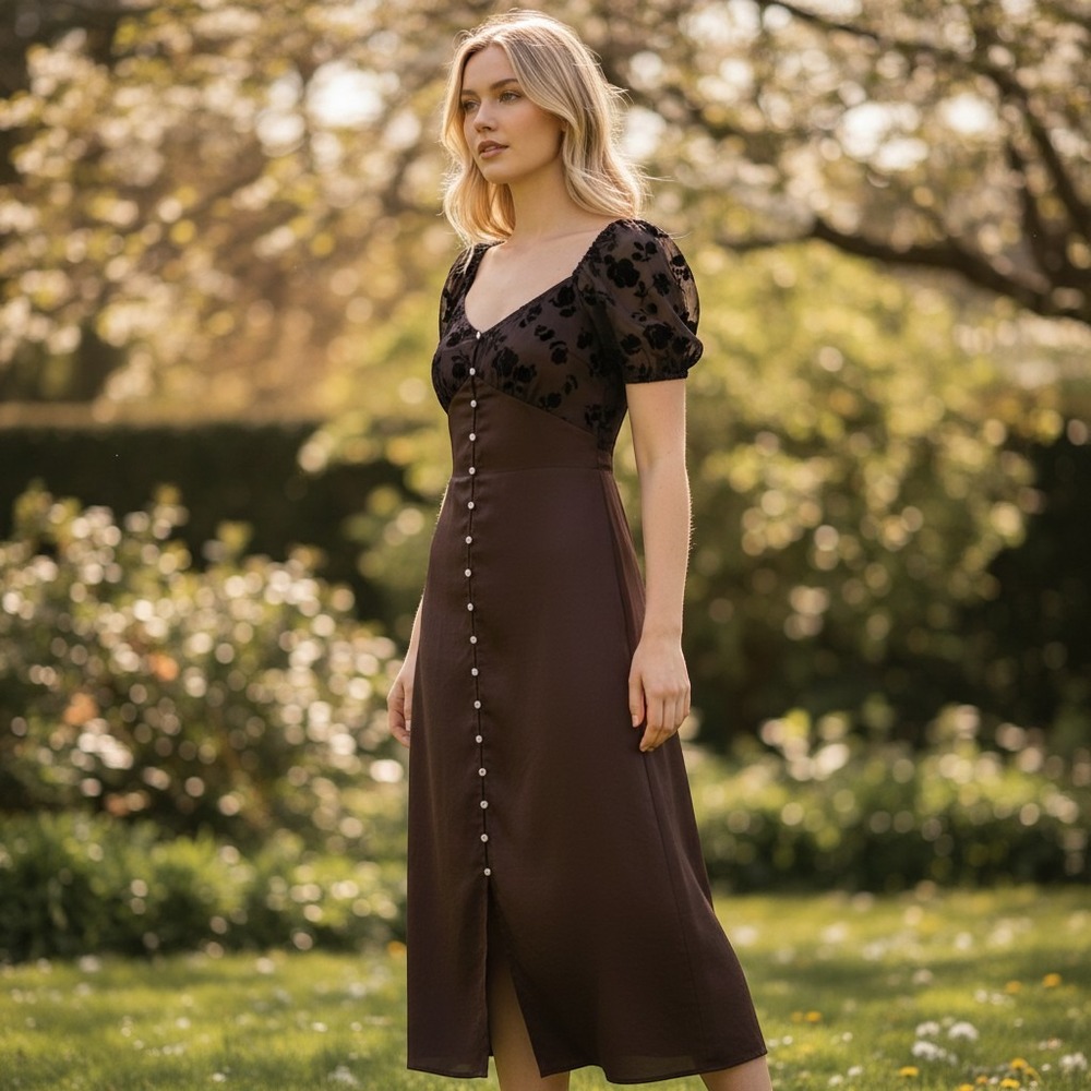 Lucky brand Dress Womens Medium Brown Floral Velvet Button Front NWT